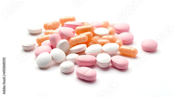 Fototapeta Pills and capsules peach hue of various shapes isolated on white background