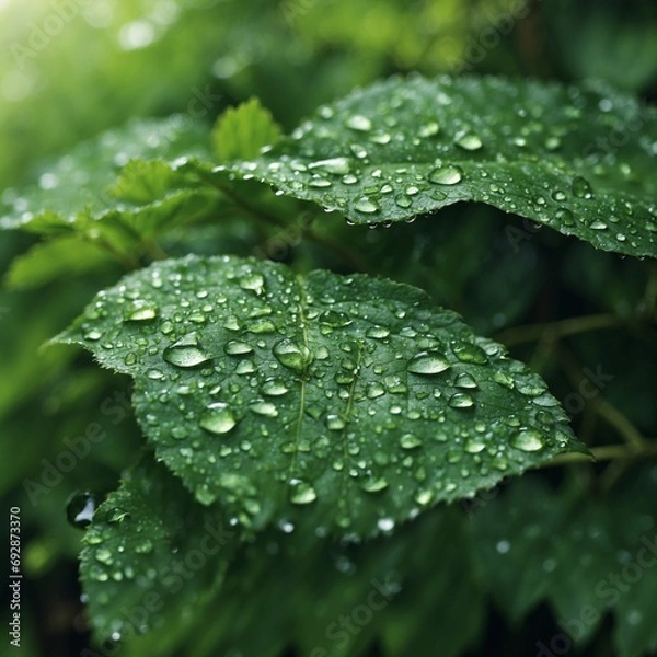 Obraz water drops on green leaf