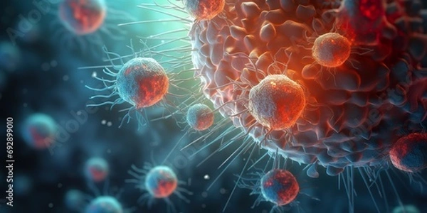 Fototapeta Detailed illustration of a virus invading human cells, showing the process of viral infection at a cellular level
