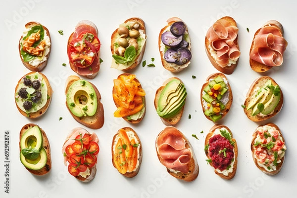 Fototapeta set of different bruschettas with prosciutto, salmon, tomatoes and avocado on a dark background. view from above
