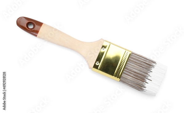 Fototapeta Brush with color paint isolated on white, top view