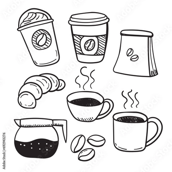 Fototapeta Set of coffee doodles with black and white color. Hand-drawn coffee illustrations on a white background