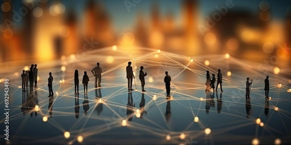 Fototapeta Connecting paths. Futuristic into corporate network. Digital city of business diverse group of individuals embark on journey of connectivity. Silhouettes innovation and web of opportunities