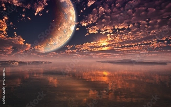Fototapeta 3D rendering of giant moon on majestic cloudy sky in distant planet environment with water