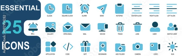 Fototapeta 25 icon set essential.style duo tone.clock,alarm,message,send,note pad,menu,code,gift,bookmark.flat vector collection.