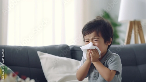 Obraz ティッシュで鼻をかむ男の子　Asian boy blowing his nose with tissue