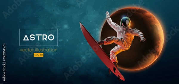 Obraz Abstract silhouette of a surfer, astronaut in space action and Earth, Mars, planets on the background of the space. Vector 3d render illustration