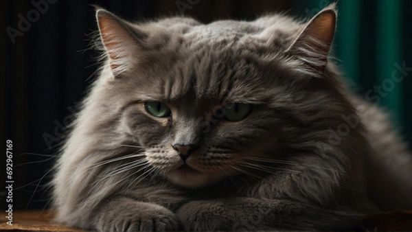 Fototapeta A Fluffy Grey Cat with Intense Green Eyes on a Dark Background