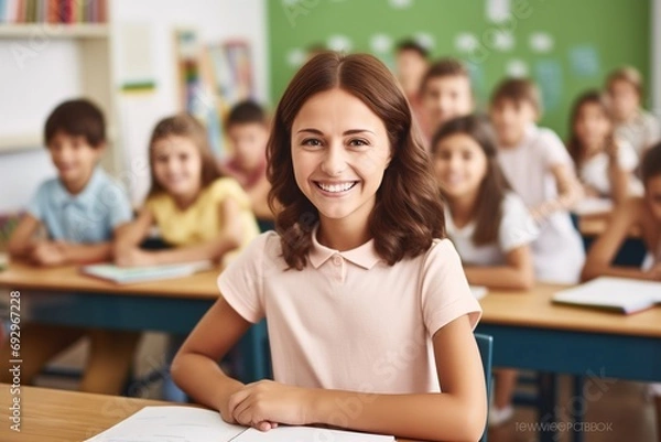Fototapeta Happy teacher smiling in class at elementary school looking at camera with her students in the background.