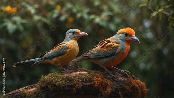 Fototapeta A Pair of Colorful Birds in a Forest Setting