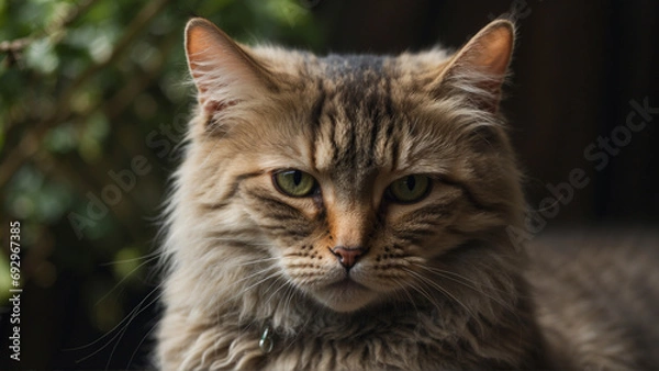 Fototapeta A Fluffy Tabby Cat Relaxing on the Floor with Soft Lighting
