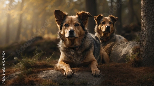 Fototapeta Two Dogs Relaxing on Rocks in a Sunlit Forest