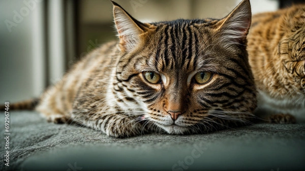 Fototapeta A Tabby Cat Relaxing Indoors with a Focused Gaze