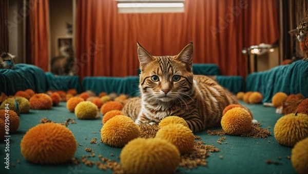 Fototapeta A Striped Cat’s Playtime with Orange Pom Poms
