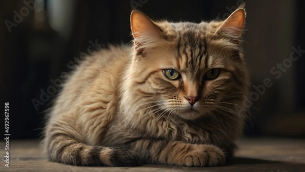Fototapeta A Fluffy Tabby Cat Relaxing on the Floor with Soft Lighting