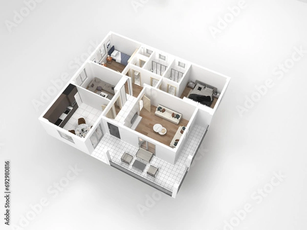Obraz 3d plan of villa with furniture and white walls, 3d render, illustration. Perspective view.