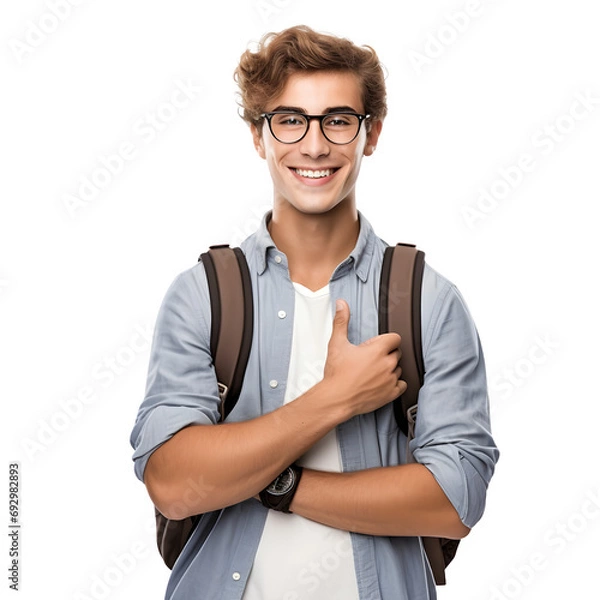 Fototapeta Happy young smart male university student isolated on transparent background Generative AI