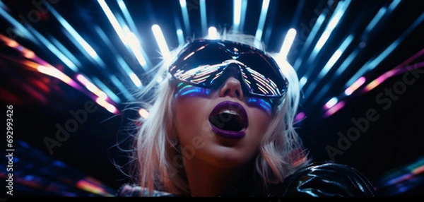 Obraz Screaming concert happy female fan. The neon-lit stadium is reflected in the fan glistening eye, creating a visually captivating image.