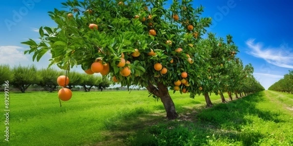 Fototapeta Orange orchards on a beautiful sunny day. Fields cultivated by rows of trees