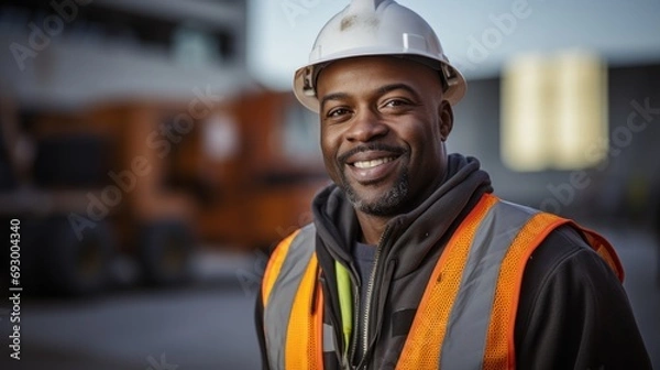 Obraz Portrait of a happy African American construction worker looking at the camera and smiling - building