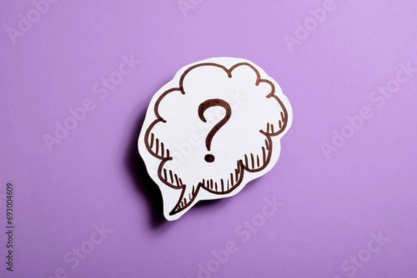 Obraz Paper speech bubble with question mark on violet background, close-up