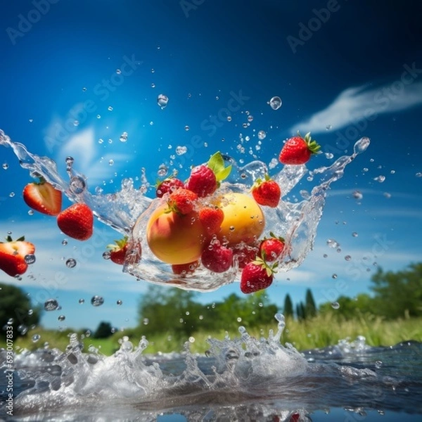 Fototapeta Summer fruit flying with splashing water, in the background a green field with a blue sky full of clouds on a hot summer day