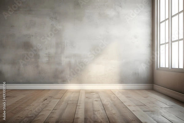 Obraz Minimalist Grey Interior with Wooden Floor - Generative AI