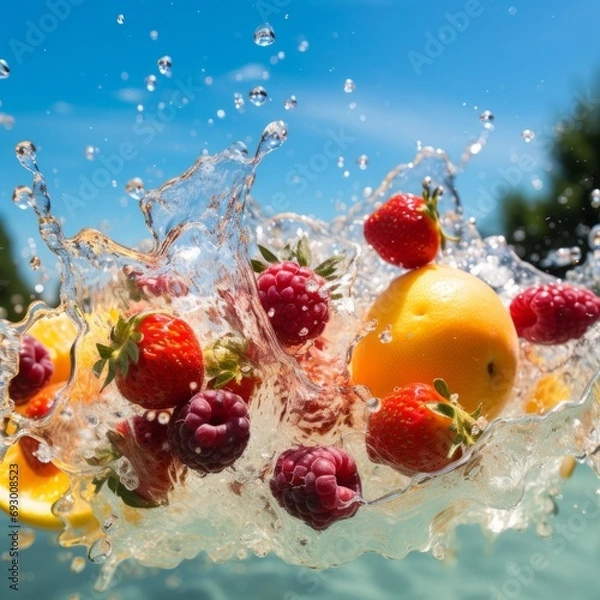 Fototapeta Summer fruit flying with splashing water, in the background a green field with a blue sky full of clouds on a hot summer day