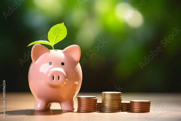 Fototapeta Smiling Piggy Bank and Golden Harvest - Financial Growth Generative AI