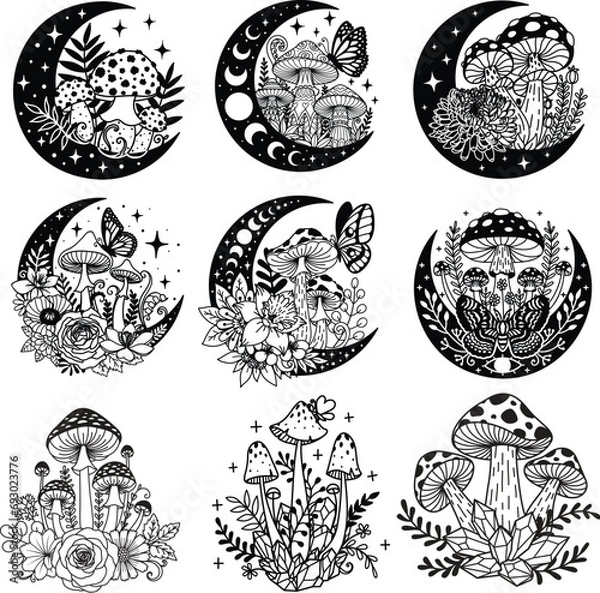 Fototapeta Collection of mushroom, flowers, crescent , moon phases and crystal. Magic mushroom concept. Vector illustration.