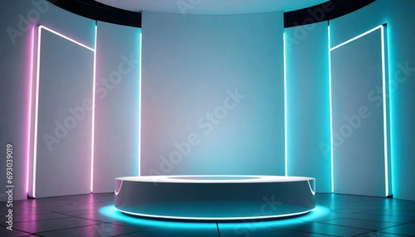 Fototapeta Beautiful futuristic background for presentation with modern podium, textured white wall and neon backlight