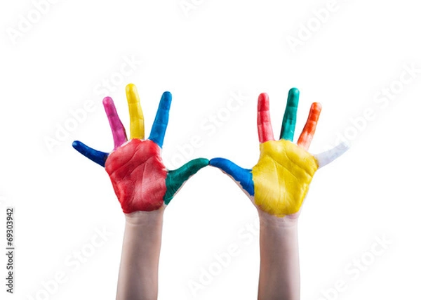 Fototapeta Child's hands painted with multicolored finger paints