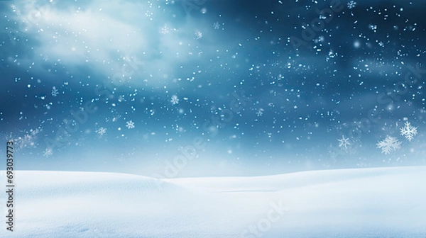 Fototapeta Beautiful wide background image of light snowfall falling over of snowdrifts, snowy weather