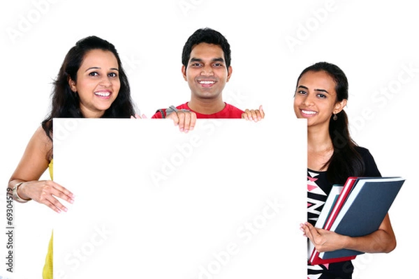 Obraz Group of friends displaying white placard for your text
