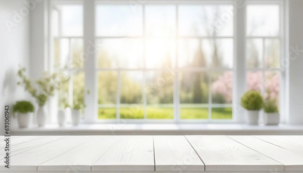 Fototapeta White wood table with large spring window and copy space