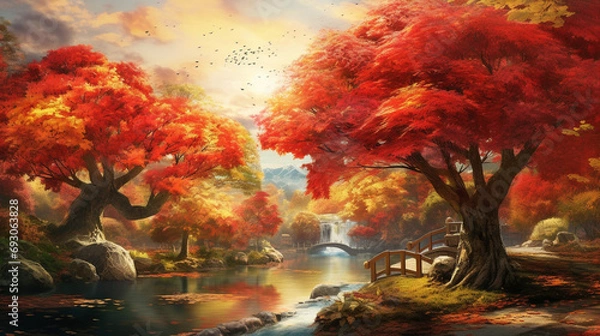 Fototapeta Traverse an enchanting autumn landscape where nature's palette turns to warm tones, with trees adorned in golden and red leaves, the serene beauty captured in stunning HD clarity.