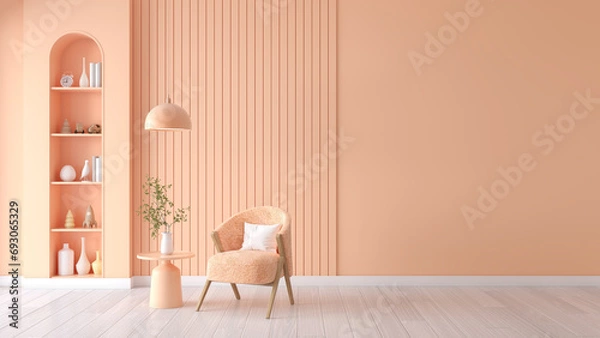 Obraz Peach fuzz room ,minimal interior  livingroom. peach armchair with peach color paint wall. color of the year 2024  . Mockup background. 3d render
