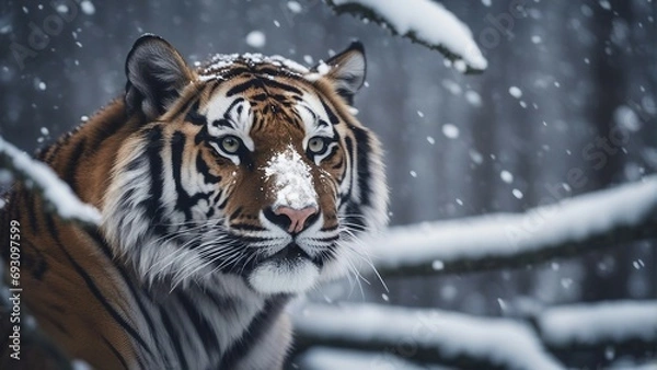 Fototapeta portrait of a tiger at forest, heavy snow fall