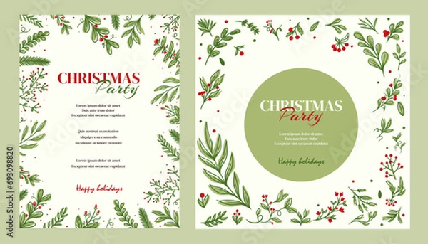 Obraz Christmas party invitation poster background in trendy flat style. Merry and Bright Corporate Holiday cards. Universal abstract creative artistic templates