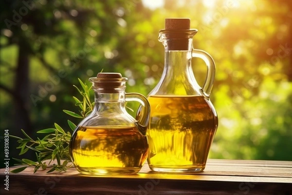 Fototapeta Delicious homemade olive oil on defocused background with copy space for text placement