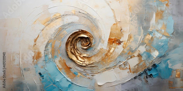 Obraz Splashes of bright paint on the canvas. Seashell. Gold, black, blue and gray colors. Interior painting. Beautiful background. Generative AI.