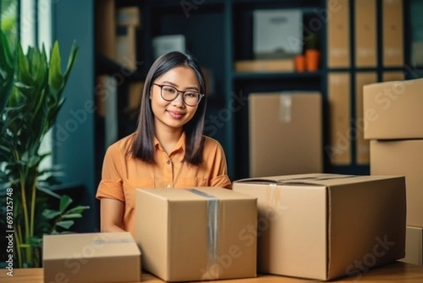 Obraz asian woman Sell products online at home Talk on the phone and prepare a cardboard box or package for online delivery.