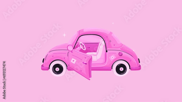 Obraz Pink car in Y2K style . Retro pink car illustration in trendy pink aesthetic. Vector illustration in flat cartoon style.