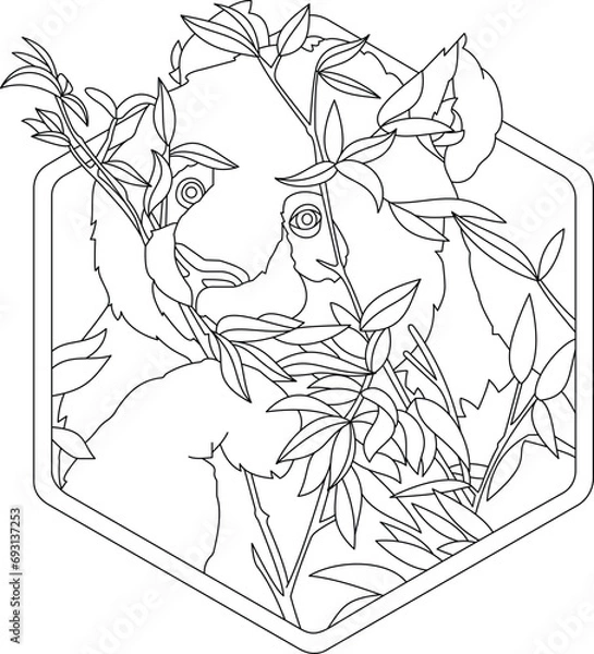 Obraz Panda In Hexagon Frame Vector Illustration. Panda Coloring Page. Panda Eating Leaves Illustration. Animal Vector Illustration. Animal Coloring Book. Panda Bear in a Hexagon Frame Coloring Page.