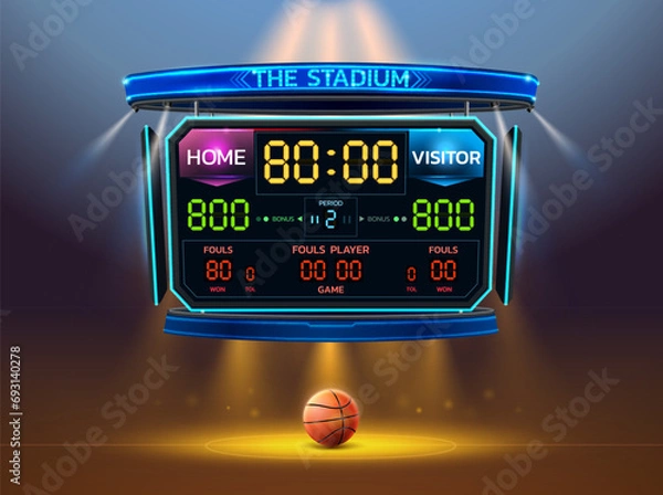 Fototapeta basketball scoreboard stadium spotlight and scoreboard background with glitter light vector illustration. You can change number of score easily.