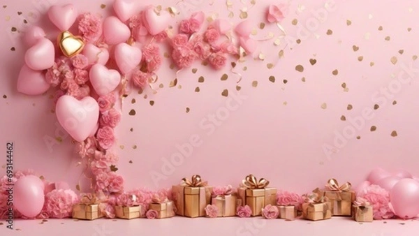 Fototapeta Background template with gold balloons in heart shape with pink flowers and garlands, gift boxes on pink background for celebration: Valentine’s Day.