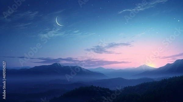 Fototapeta A tranquil early evening sky with soft shades of blue and a crescent moon rising in the distance.