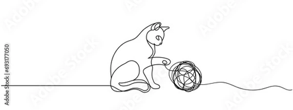 Obraz Cat playing toy ball one line drawing vector illustration