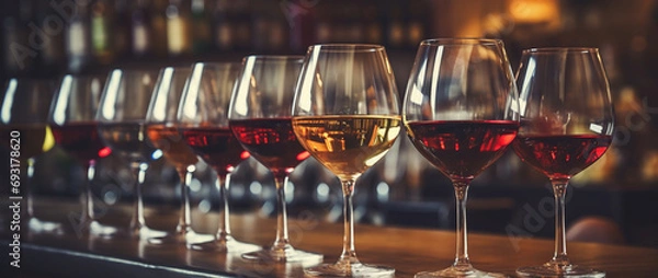 Fototapeta Wine glasses in a row. Pouring wine. Buffet table celebration of wine tasting. Nightlife, celebration and entertainment concept. Horizontal, wide screen banner format