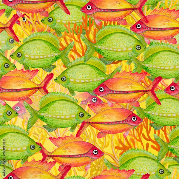 Fototapeta Seamless pattern with bright watercolor fish.